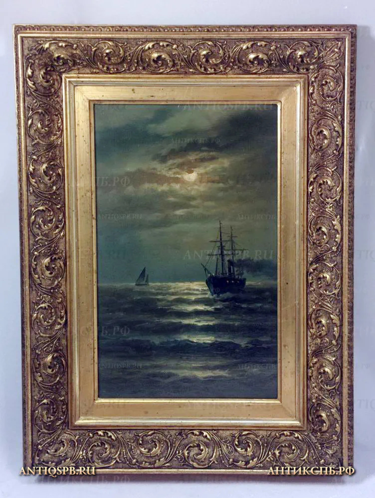 Картина старинная "Ночной морской пейзаж с кораблями". Нач. ХХ века. Россия. №18444.1 